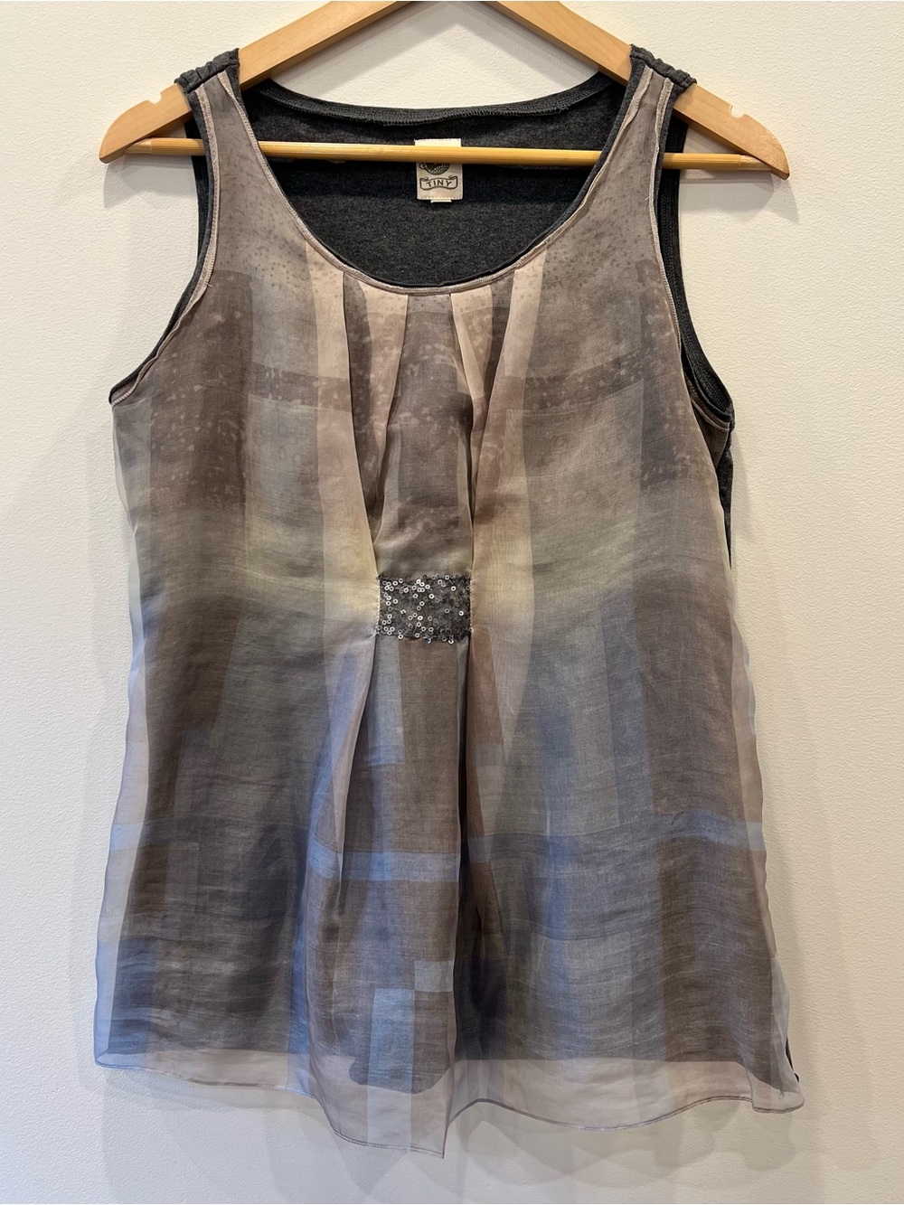 Anthropologie Tiny Sheer Organza Cotton Plaid Sleeveless Top Sequin M EUC Fairy